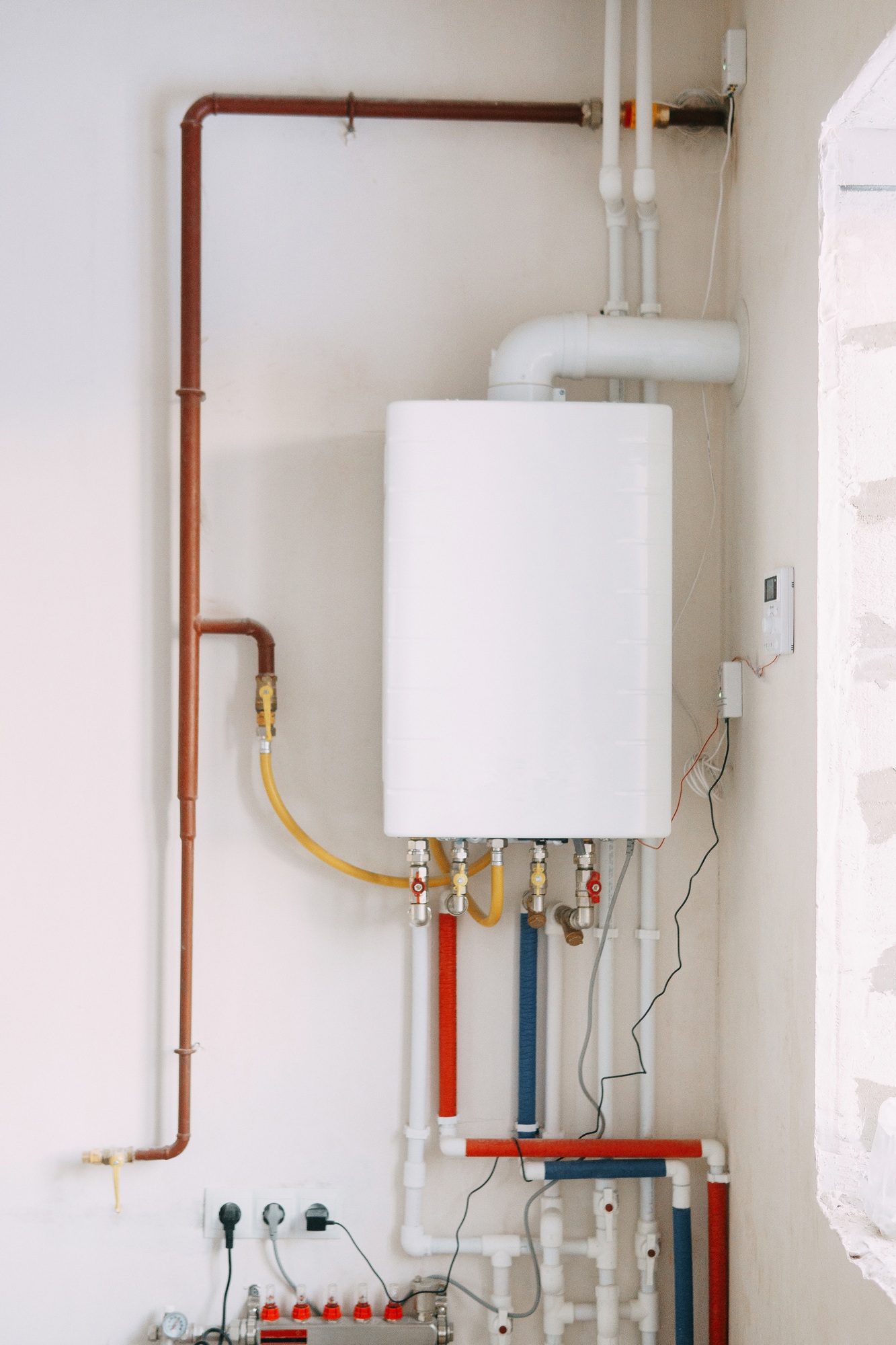 Installation of a gas boiler with colored pipes equipped with valves and connectors